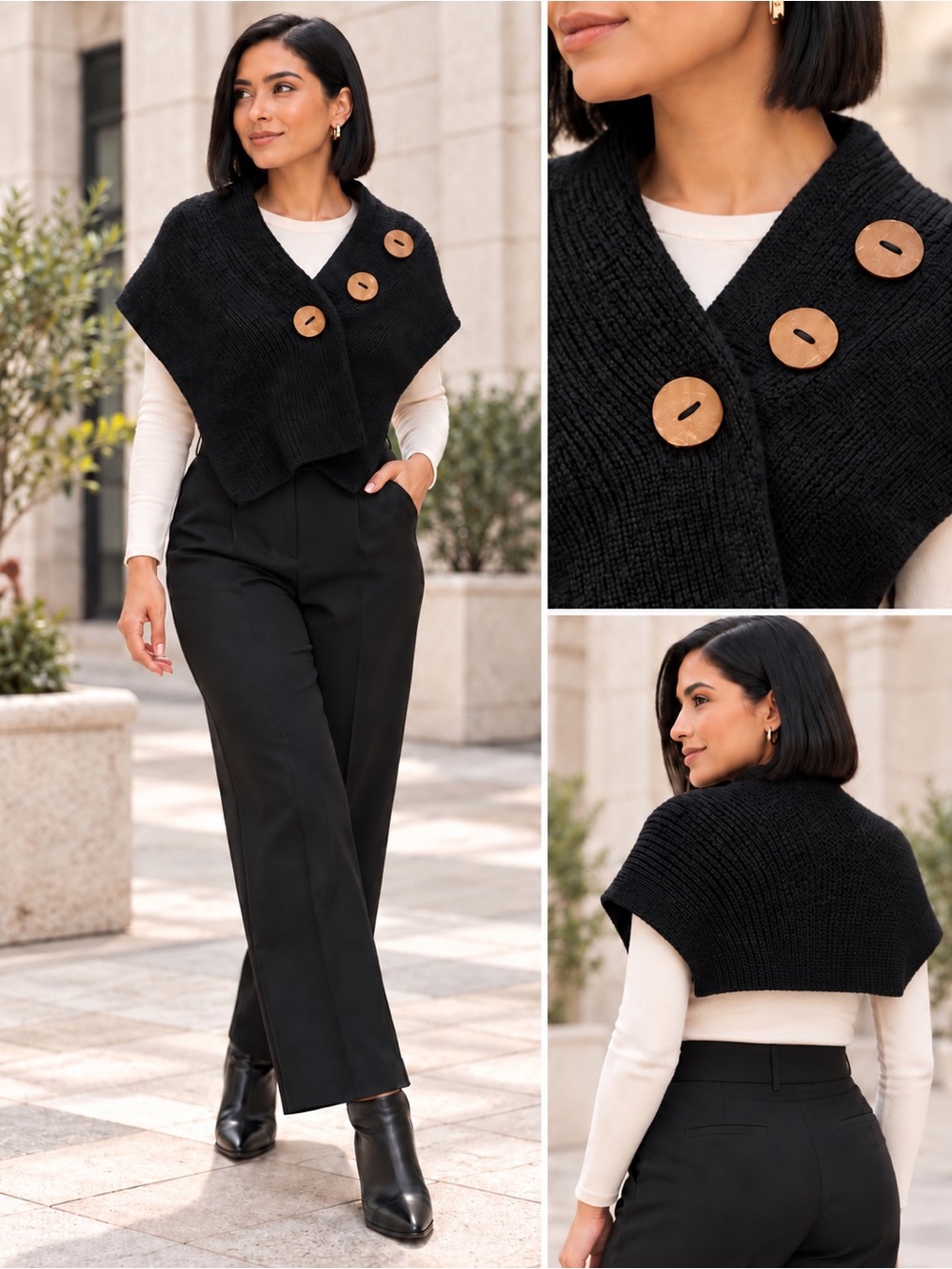 100% Pure Black Knit Capelet with Wood-Tone Buttons